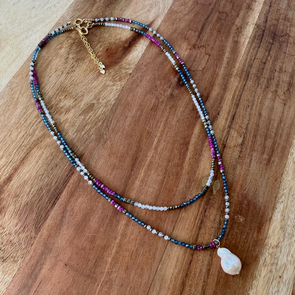 Natural Muli Colored Gemstone Beaded Necklace, Baroque Pearl Pendant